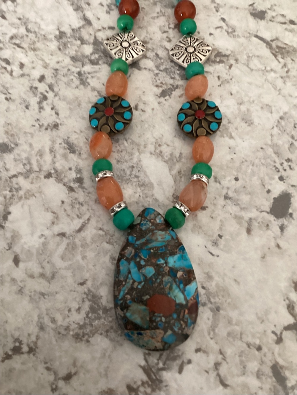 Artisan Handcrafted Turquoise & Orange Beaded Pendant Necklace - Picture 9 of 10